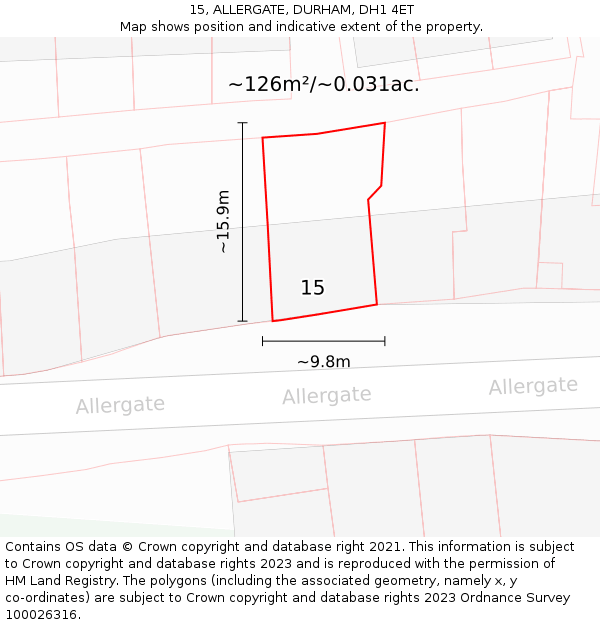 15, ALLERGATE, DURHAM, DH1 4ET: Plot and title map