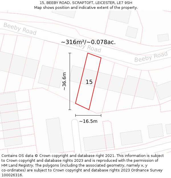 15, BEEBY ROAD, SCRAPTOFT, LEICESTER, LE7 9SH: Plot and title map