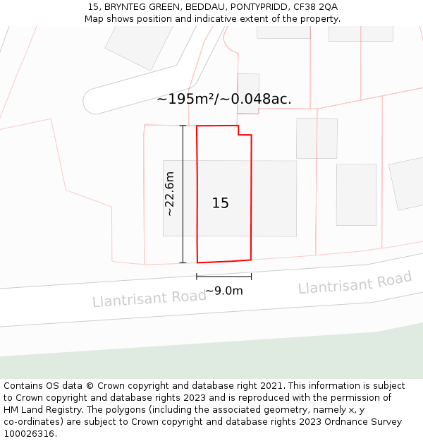 15, BRYNTEG GREEN, BEDDAU, PONTYPRIDD, CF38 2QA: Plot and title map