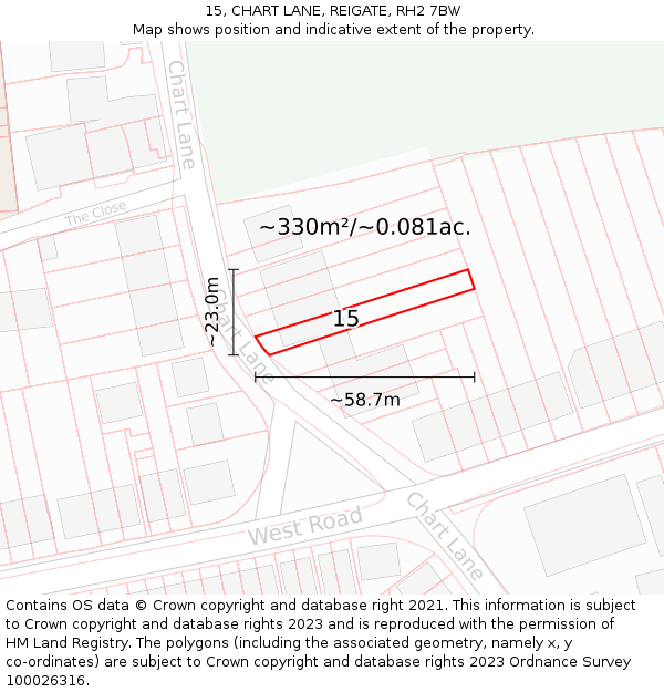 15, CHART LANE, REIGATE, RH2 7BW: Plot and title map