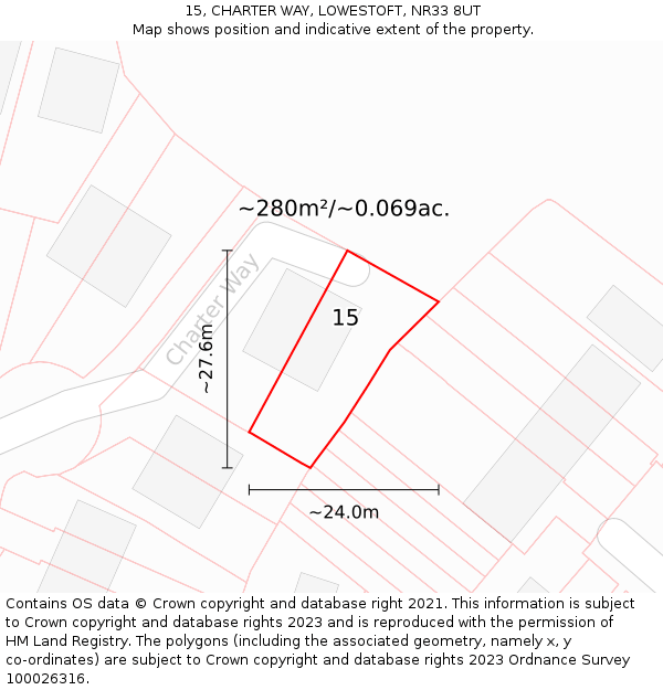 15, CHARTER WAY, LOWESTOFT, NR33 8UT: Plot and title map