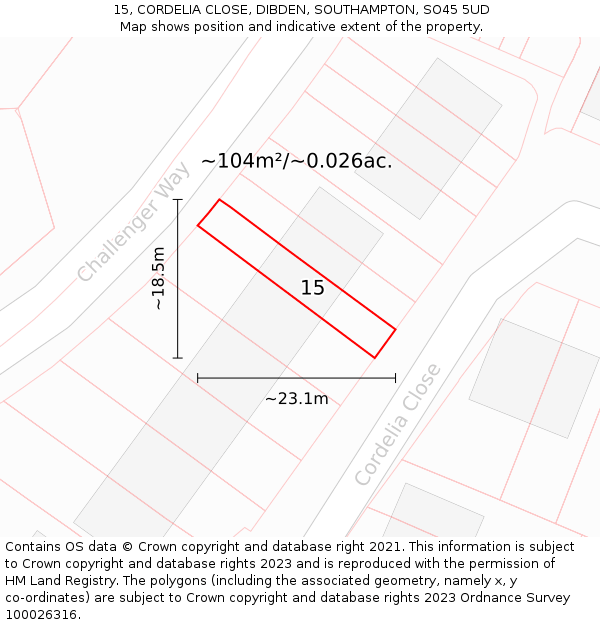 15, CORDELIA CLOSE, DIBDEN, SOUTHAMPTON, SO45 5UD: Plot and title map