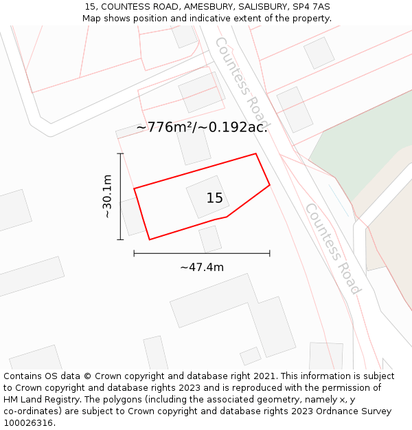 15, COUNTESS ROAD, AMESBURY, SALISBURY, SP4 7AS: Plot and title map