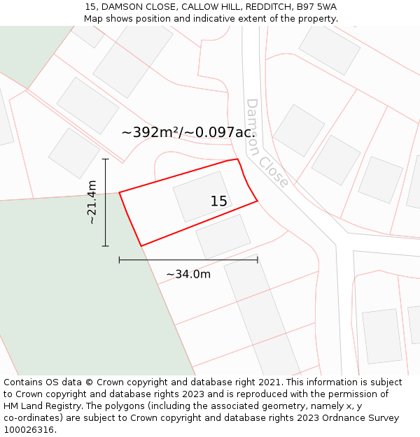 15, DAMSON CLOSE, CALLOW HILL, REDDITCH, B97 5WA: Plot and title map