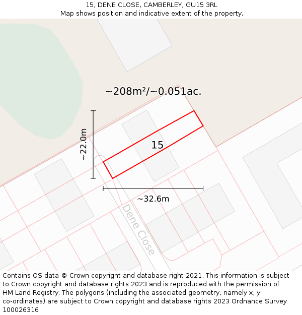 15, DENE CLOSE, CAMBERLEY, GU15 3RL: Plot and title map