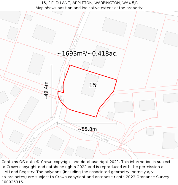 15, FIELD LANE, APPLETON, WARRINGTON, WA4 5JR: Plot and title map