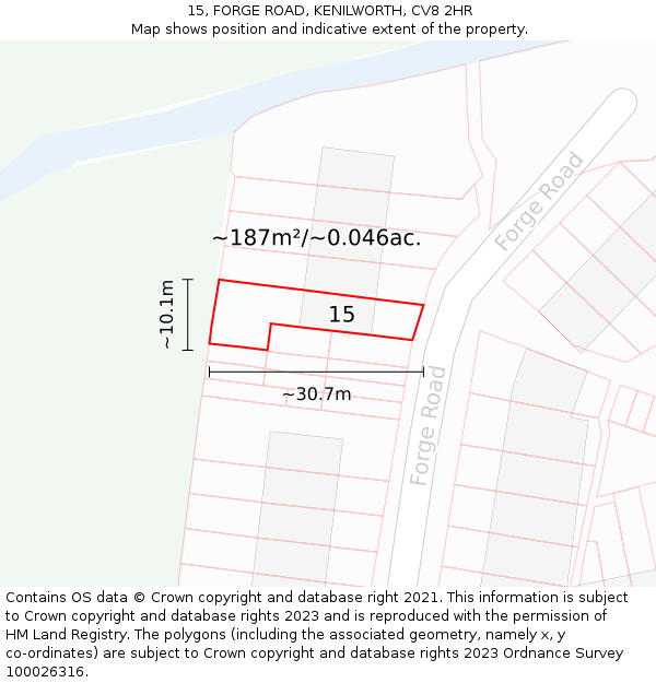 15, FORGE ROAD, KENILWORTH, CV8 2HR: Plot and title map
