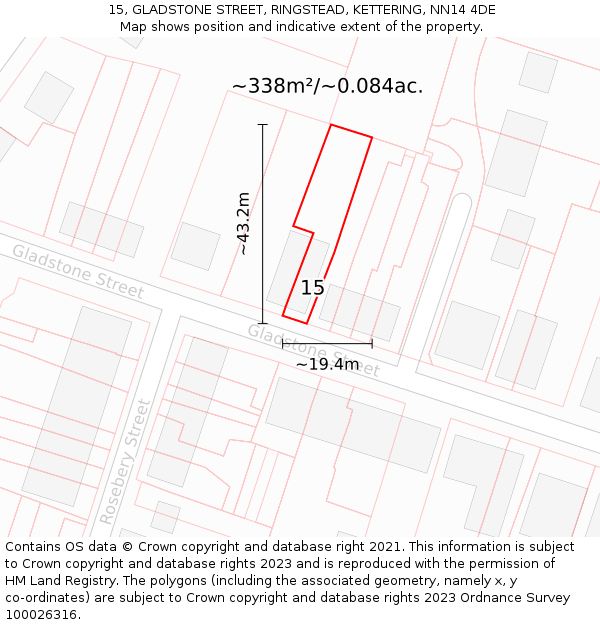 15, GLADSTONE STREET, RINGSTEAD, KETTERING, NN14 4DE: Plot and title map