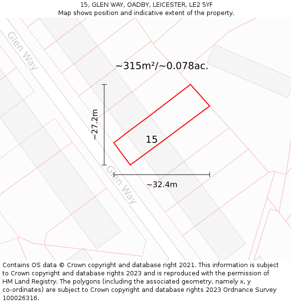 15, GLEN WAY, OADBY, LEICESTER, LE2 5YF: Plot and title map