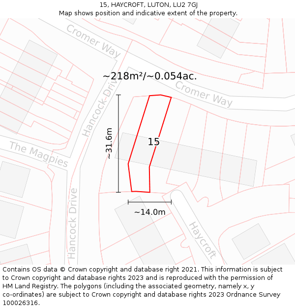 15, HAYCROFT, LUTON, LU2 7GJ: Plot and title map