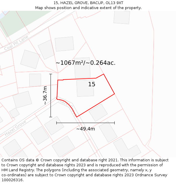15, HAZEL GROVE, BACUP, OL13 9XT: Plot and title map