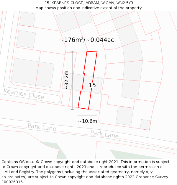 15, KEARNES CLOSE, ABRAM, WIGAN, WN2 5YR: Plot and title map
