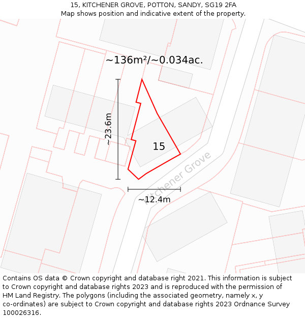 15, KITCHENER GROVE, POTTON, SANDY, SG19 2FA: Plot and title map