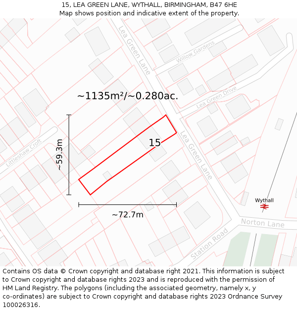 15, LEA GREEN LANE, WYTHALL, BIRMINGHAM, B47 6HE: Plot and title map