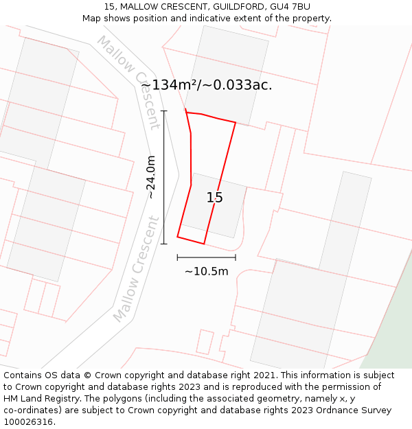 15, MALLOW CRESCENT, GUILDFORD, GU4 7BU: Plot and title map