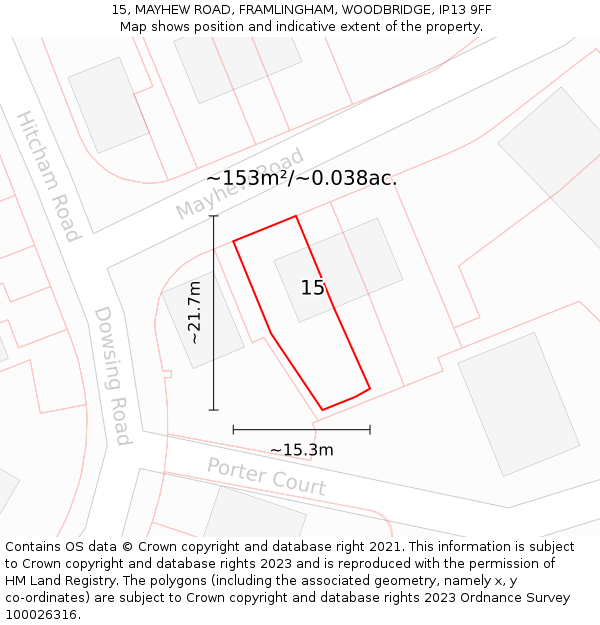 15, MAYHEW ROAD, FRAMLINGHAM, WOODBRIDGE, IP13 9FF: Plot and title map