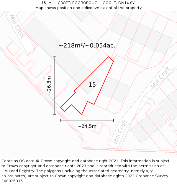 15, MILL CROFT, EGGBOROUGH, GOOLE, DN14 0YL: Plot and title map