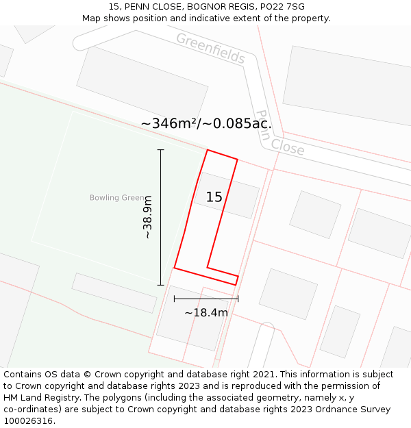 15, PENN CLOSE, BOGNOR REGIS, PO22 7SG: Plot and title map