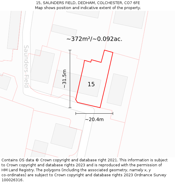 15, SAUNDERS FIELD, DEDHAM, COLCHESTER, CO7 6FE: Plot and title map