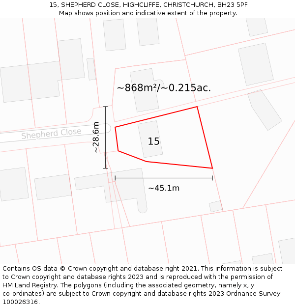 15, SHEPHERD CLOSE, HIGHCLIFFE, CHRISTCHURCH, BH23 5PF: Plot and title map