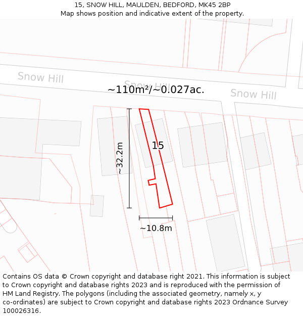 15, SNOW HILL, MAULDEN, BEDFORD, MK45 2BP: Plot and title map