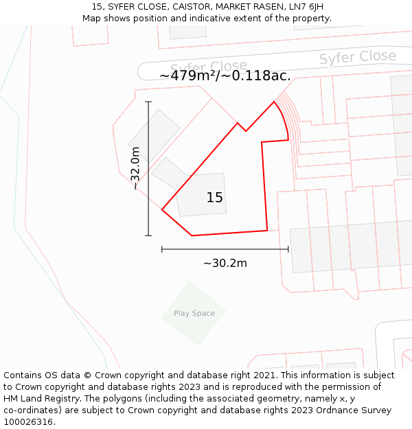 15, SYFER CLOSE, CAISTOR, MARKET RASEN, LN7 6JH: Plot and title map