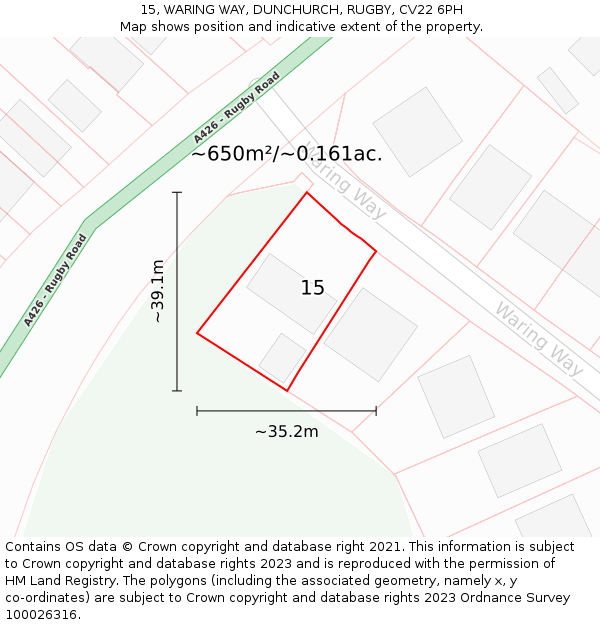 15, WARING WAY, DUNCHURCH, RUGBY, CV22 6PH: Plot and title map