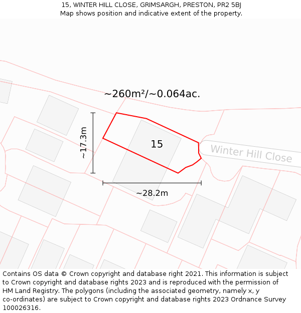 15, WINTER HILL CLOSE, GRIMSARGH, PRESTON, PR2 5BJ: Plot and title map