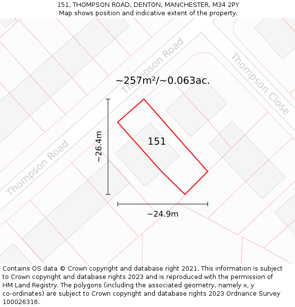 151, THOMPSON ROAD, DENTON, MANCHESTER, M34 2PY: Plot and title map