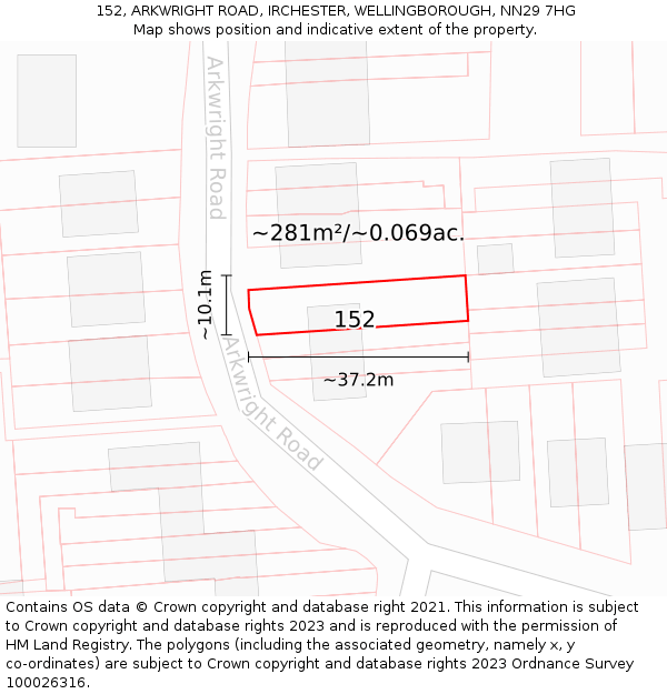 152, ARKWRIGHT ROAD, IRCHESTER, WELLINGBOROUGH, NN29 7HG: Plot and title map