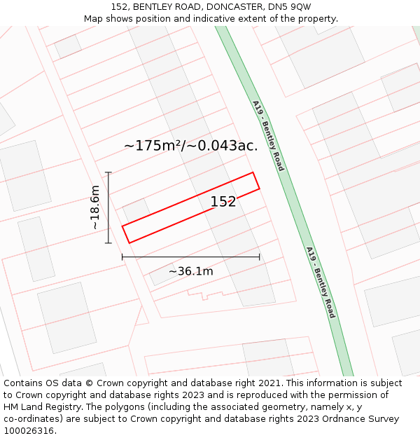 152, BENTLEY ROAD, DONCASTER, DN5 9QW: Plot and title map