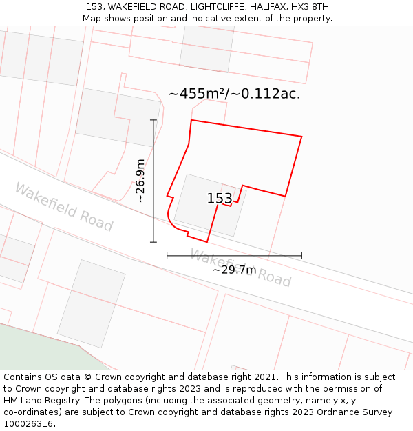 153, WAKEFIELD ROAD, LIGHTCLIFFE, HALIFAX, HX3 8TH: Plot and title map