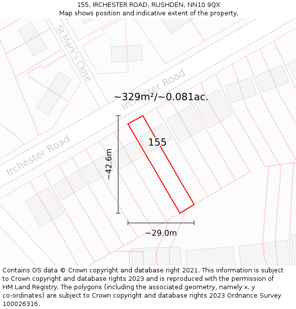 155, IRCHESTER ROAD, RUSHDEN, NN10 9QX: Plot and title map