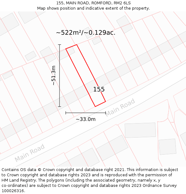 155, MAIN ROAD, ROMFORD, RM2 6LS: Plot and title map
