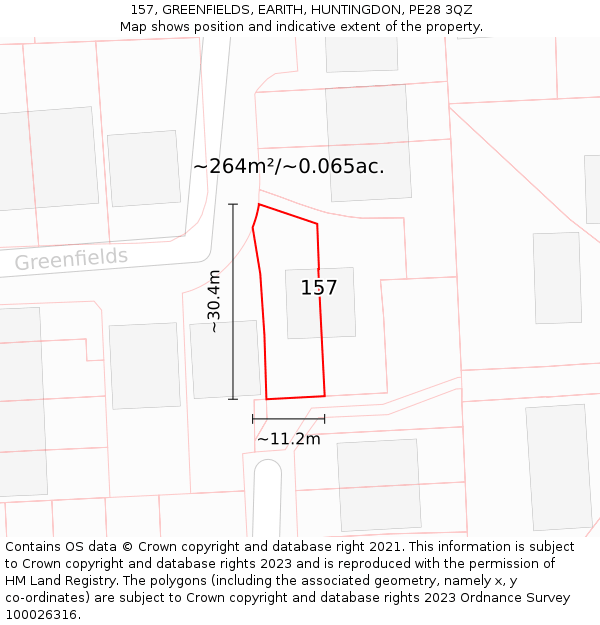 157, GREENFIELDS, EARITH, HUNTINGDON, PE28 3QZ: Plot and title map