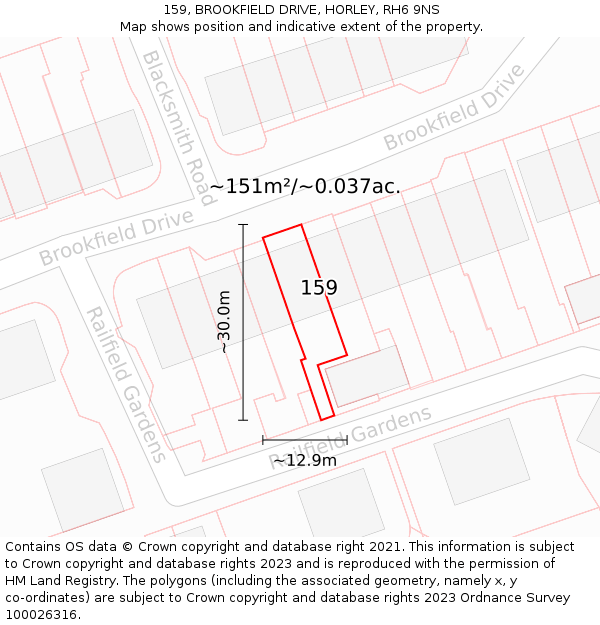 159, BROOKFIELD DRIVE, HORLEY, RH6 9NS: Plot and title map