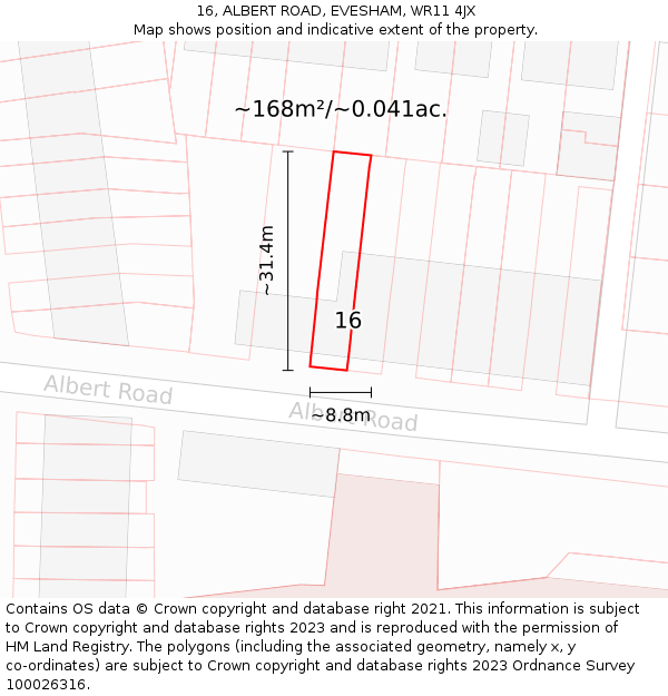 16, ALBERT ROAD, EVESHAM, WR11 4JX: Plot and title map