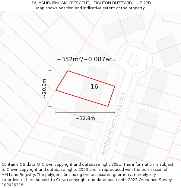 16, ASHBURNHAM CRESCENT, LEIGHTON BUZZARD, LU7 2PB: Plot and title map