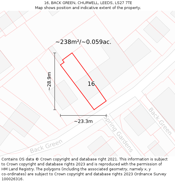 16, BACK GREEN, CHURWELL, LEEDS, LS27 7TE: Plot and title map