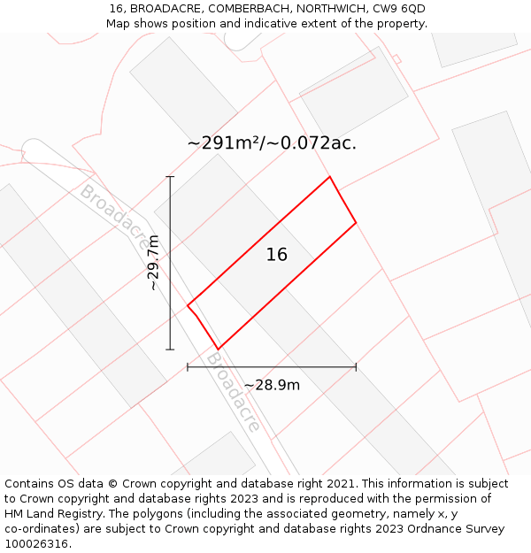 16, BROADACRE, COMBERBACH, NORTHWICH, CW9 6QD: Plot and title map