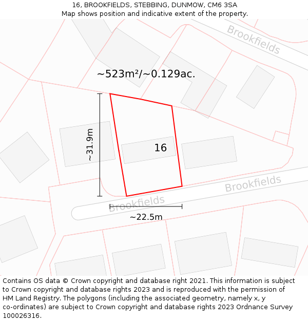 16, BROOKFIELDS, STEBBING, DUNMOW, CM6 3SA: Plot and title map