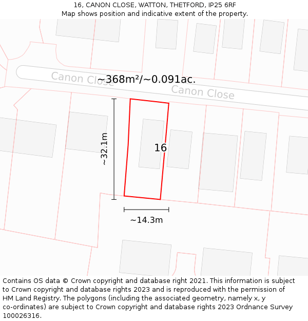 16, CANON CLOSE, WATTON, THETFORD, IP25 6RF: Plot and title map