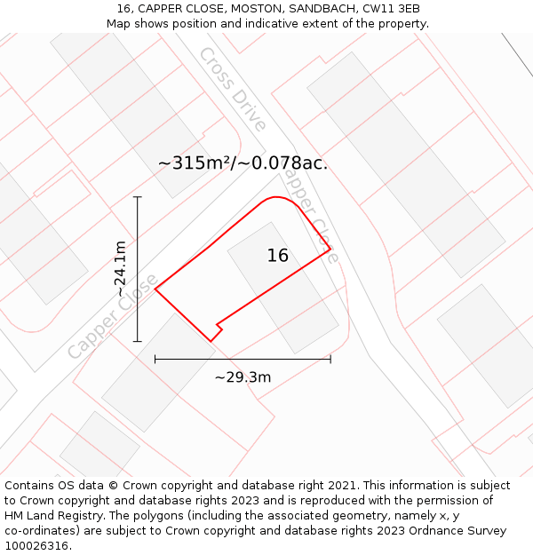 16, CAPPER CLOSE, MOSTON, SANDBACH, CW11 3EB: Plot and title map