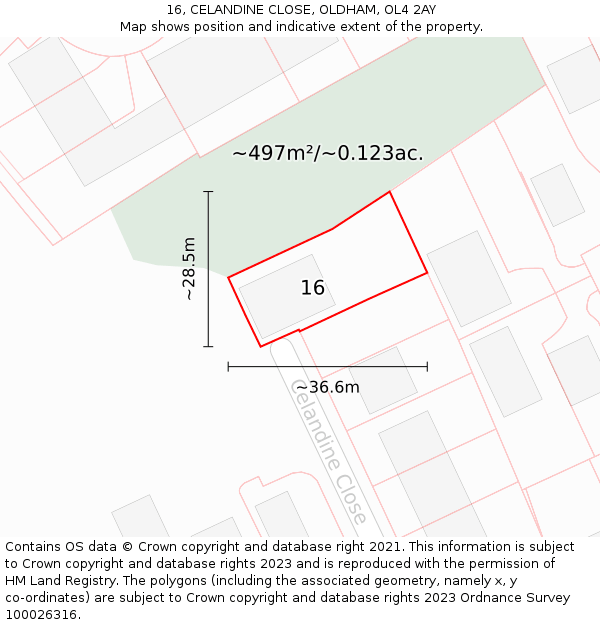 16, CELANDINE CLOSE, OLDHAM, OL4 2AY: Plot and title map