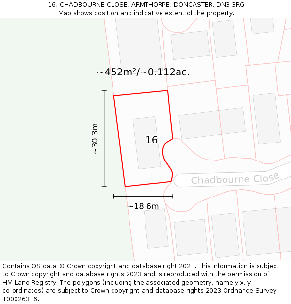 16, CHADBOURNE CLOSE, ARMTHORPE, DONCASTER, DN3 3RG: Plot and title map