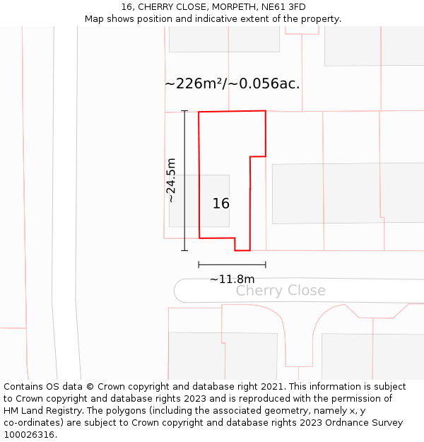 16, CHERRY CLOSE, MORPETH, NE61 3FD: Plot and title map