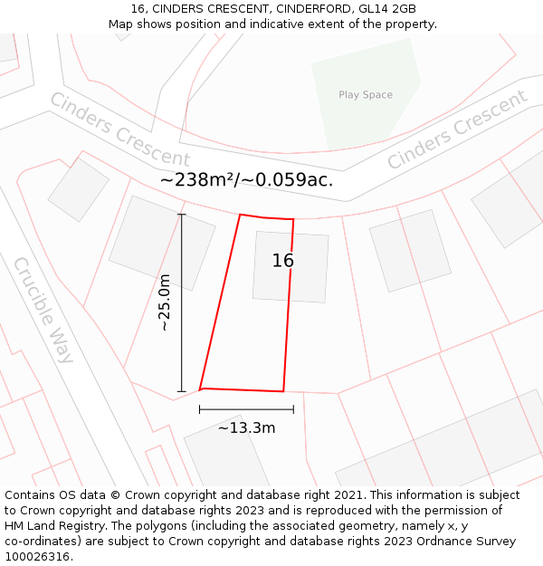 16, CINDERS CRESCENT, CINDERFORD, GL14 2GB: Plot and title map