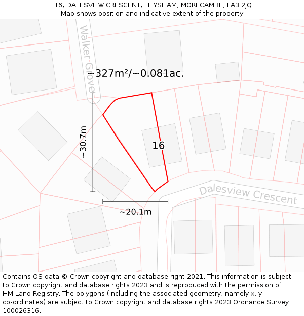 16, DALESVIEW CRESCENT, HEYSHAM, MORECAMBE, LA3 2JQ: Plot and title map