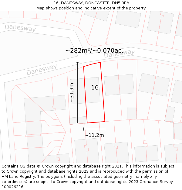 16, DANESWAY, DONCASTER, DN5 9EA: Plot and title map