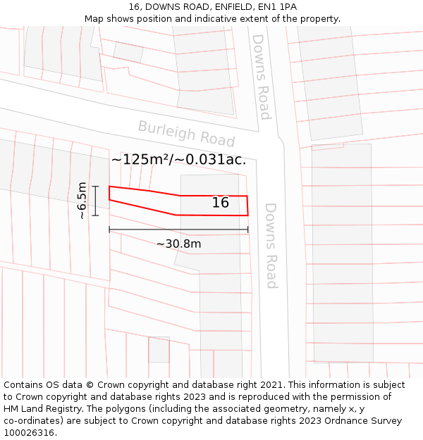 16, DOWNS ROAD, ENFIELD, EN1 1PA: Plot and title map